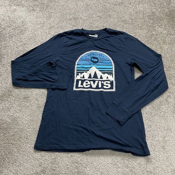 Levi's Graphic Crew Neck T-Shirt Mens Medium Blue Long Sleeve Cotton Casual Tee - Picture 1 of 8